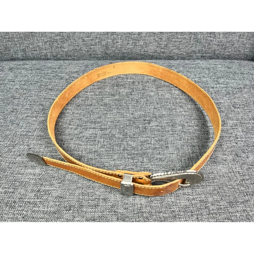Revcor Tan Genuine Leather Western Belt Silver 3 Piece Buckle Set Size M 44in